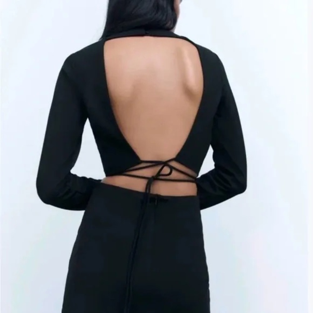 Black Open-Back Long Sleeve Crop Top with Tie Detail
